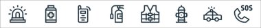 Acil durum çizgisi simgeleri. Doğrusal küme. Sos, polis arabası, yangın musluğu, yüksek görüş yeleği, yangın söndürücü, telsiz, haplar gibi kalite vektör çizgileri.