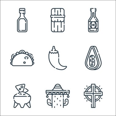 Meksika hattı ikonları. Doğrusal küme. Haç, kaktüs, guacamole, papaya, chili, taco, bira, tamale gibi kalite vektör dizileri