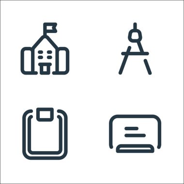 Okul çizgisi simgeleri. Doğrusal küme. kalite vektör çizgisi: karatahta, pano, pusula