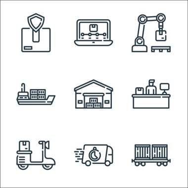Lojistik ve dağıtım hattı simgeleri. Doğrusal küme. Tren, hızlı dağıtım, scooter, masa, depo, gemi, robotik kol, izleme gibi kalite vektör dizileri