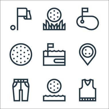 Golf sahası ikonları. Doğrusal küme. Yelek, su, pantolon, golf sahası, top gibi kalite vektör çizgisi
