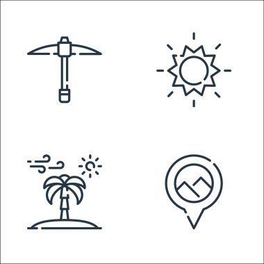 Çöl çizgisi ikonları. Doğrusal küme. Piramitler, palmiye ağaçları, güneş gibi kalite vektör çizgileri