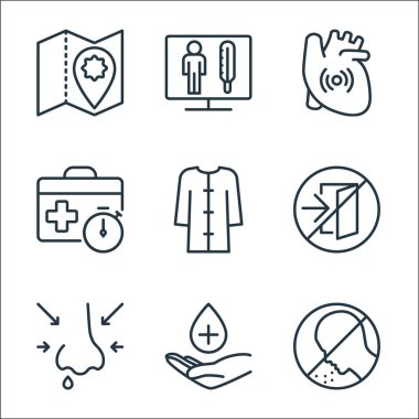 Virüs çizgisi simgelerini durdur. Doğrusal küme. Hapşırık, el, akan burun, çıkış, bornoz, bavul, acı, termometre gibi kalite vektör çizgisi