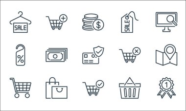 ekommerce çizgi simgeleri. Doğrusal küme. Garanti sertifikası, alışveriş arabası, alışveriş arabası, alışveriş sepeti, çantalar, indirim etiketi, el arabası, satış etiketi gibi kalite vektör dizileri,