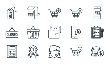 ekommerce çizgi simgeleri. Doğrusal küme. Dolar sikkeleri, müşteri desteği, matematik aracı, alışveriş arabası, garanti sertifikası, etiket, indirim, alışveriş arabası, makbuz gibi kalite vektör dizileri