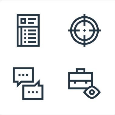 iş satırı simgeleri. Doğrusal küme. Çanta, sohbet, odaklanma gibi kalite vektör satırı kümesi