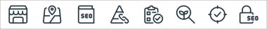 Web uygulamaları seo line simgeleri. Doğrusal küme. asma kilit, tik işareti, arama, pano, link, kılavuz, konum gibi kalite vektör dizisi