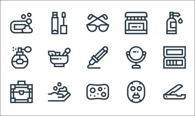 Güzellik çizgisi simgeleri. Doğrusal küme. Jilet, sünger, makyaj kutusu, yüz maskesi, köpük, parfüm, ayna, yüz kremi, dudak parlatıcısı gibi kalite vektör çizgisi kümesi