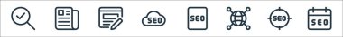 Web uygulamaları seo line simgeleri. Doğrusal küme. kalite vektör çizgisi: takvim, kesişme, bağlantı, arama motoru optimizasyonu, bulut, düzenleme, haber
