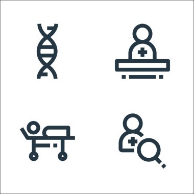 Tıbbi malzeme çizgisi simgeleri. Doğrusal küme. Doktor, sedye, tıbbi uzman gibi kalite vektör çizgisi