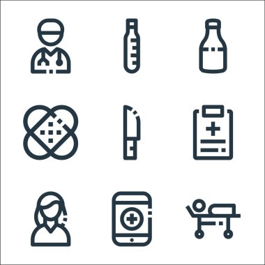 Tıbbi malzeme çizgisi simgeleri. Doğrusal küme. Sedye, tıbbi uygulama, kadın reçetesi, kesme bıçağı, bandaj, şerbet, termometre gibi kalite vektör dizileri