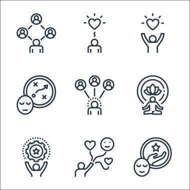 iş hayatı denge çizgisi simgeleri. Doğrusal küme. Dilek, mutluluk, beceri, meditasyon, ilişki, planlama, yaşam kalitesi, refah gibi kalite vektör çizgisi