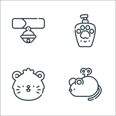 Evcil hayvan kuyruğu simgeleri. Doğrusal küme. Fare oyuncağı, hamster, evcil hayvan şampuanı gibi kalite vektör çizgisi