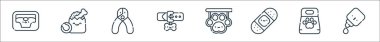 Evcil hayvan kuyruğu simgeleri. Doğrusal küme. Düşürücü, evcil hayvan maması, yara, evcil hayvan dükkanı, tasma, tırnak makası, evcil hayvan dükkanı gibi kalite vektör çizgisi