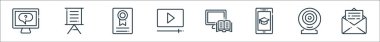 çevrimiçi öğrenme satırı simgeleri. Doğrusal küme. E- posta, webcam, çevrimiçi eğitim, çevrimiçi öğrenme, oyun videosu, sertifika, sunum gibi kalite vektör dizileri