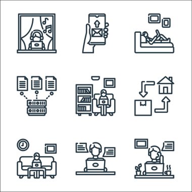 ev simgesi çizgisi simgeleri. Doğrusal küme. Teleworking, online chat, working, ev dağıtımı, çalışma, dosya yükleme, çalışma, e- posta gönderme gibi kalite vektör dizileri