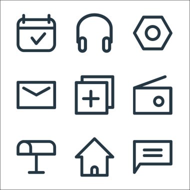 kullanıcı arayüzü satır simgeleri. Doğrusal küme. sohbet, ev, posta kutusu, radyo, ekleme, mesaj, ayarlar, kulaklık gibi kalite vektör dizileri