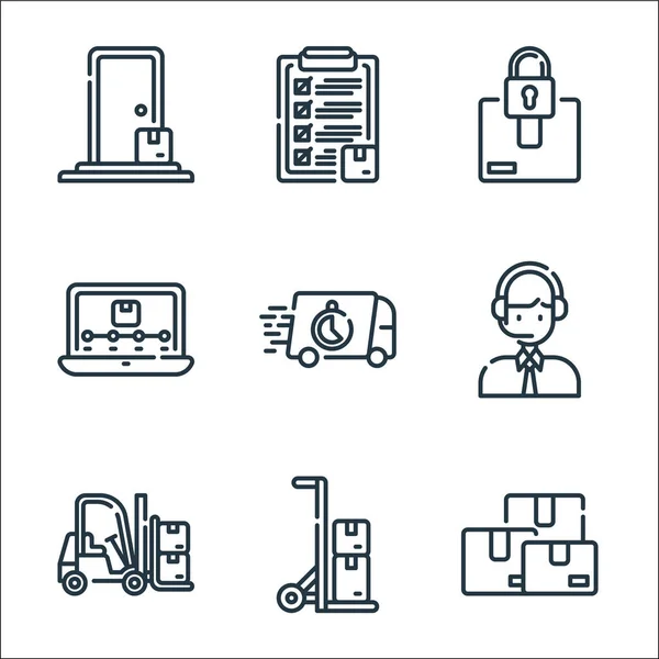 Stock vector logistic and delivery line icons. linear set. quality vector line set such as parcel, cart, forklift, fast delivery, tracking, security, checklist