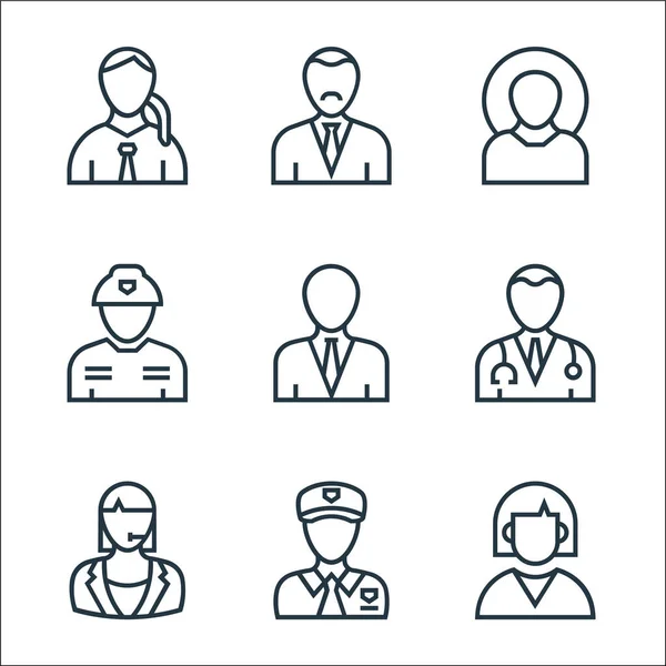 professions line icons. linear set. quality vector line set such as employee, policeman, call agent, doctor, teacher, firefighter, farmer, manager