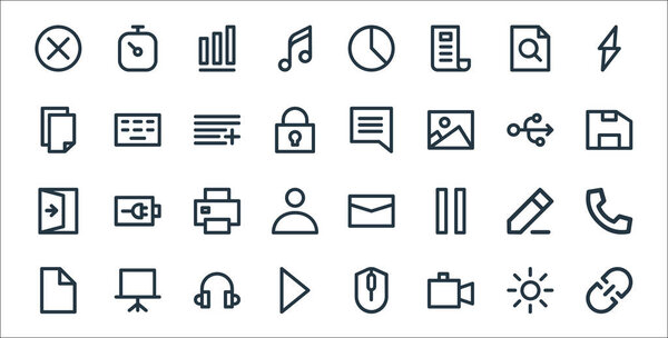 user interface line icons. linear set. quality vector line set such as link, video camera, play button, file, edit, printer, save file, notification, hardware