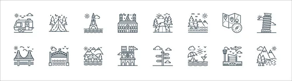 Tourism Line Icons Linear Set Quality Vector Line Set Lake — Stock Vector