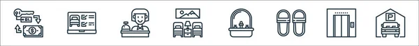 酒店系列图标 线性集 优质传送带 如停车 升降机 接待处 手提电脑 — 图库矢量图片