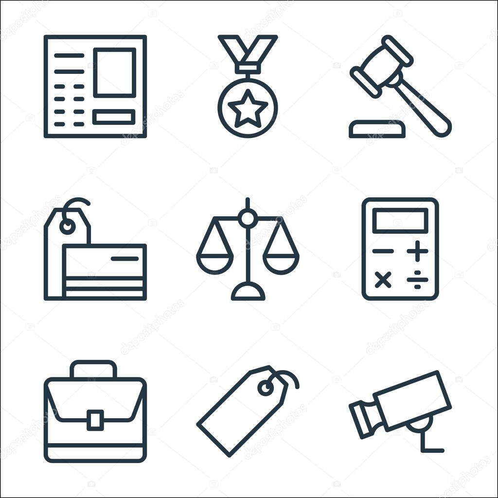 banking and finance line icons. linear set. quality vector line set such as cctv camera, price tag, portfolio, calculator, balance scale, price tag, auction, medal