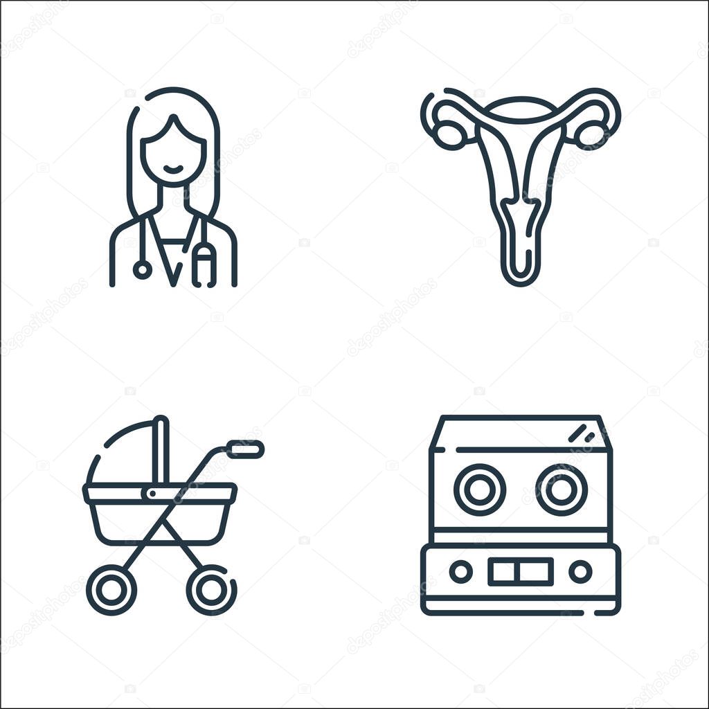 maternity line icons. linear set. quality vector line set such as incubator, baby stroller, fallopian tubes