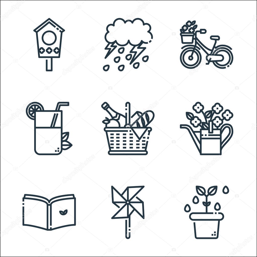 spring season line icons. linear set. quality vector line set such as plant, wind turbine, book, watering can, picnic, lemonade, bike, storm