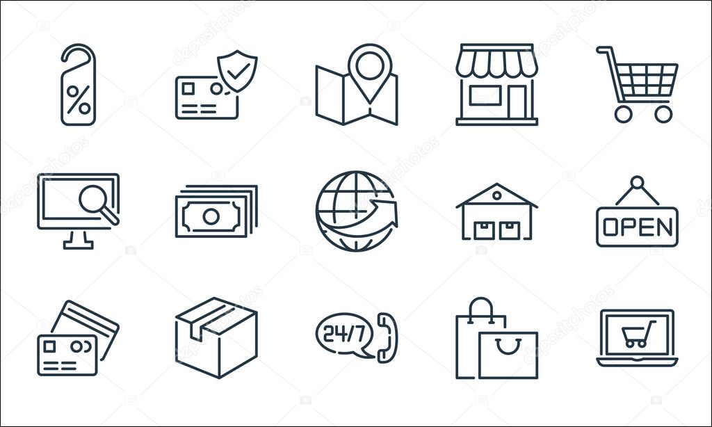 ecommerce line icons. linear set. quality vector line set such as online shopping, call center service, cit cards, shopping bags, cardboard box, research, warehouses, shopping store, cit card
