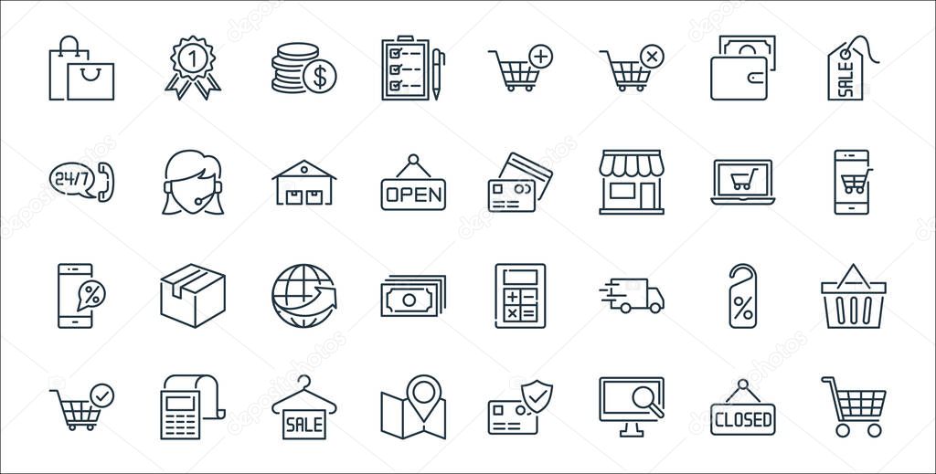 ecommerce line icons. linear set. quality vector line set such as shopping cart, research, map location, shopping cart, discount tag, global network, mobile shopping, cit cards, client support