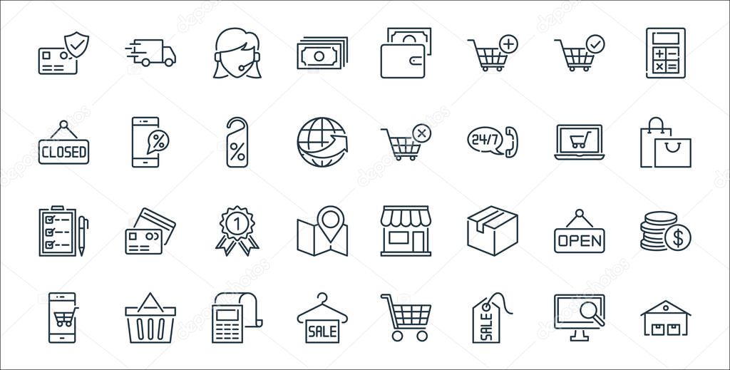 ecommerce line icons. linear set. quality vector line set such as warehouses, sale tag, sale label, mobile shopping, label, guarantee certificate, shopping bags, shopping cart, discount