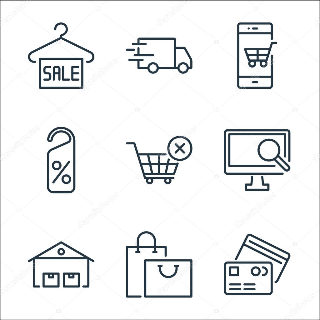 ecommerce line icons. linear set. quality vector line set such as cit cards, shopping bags, warehouses, research, shopping cart, discount tag, mobile shopping, delivery truck