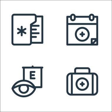 Sağlık çizgisi simgeleri. Doğrusal küme. İlk yardım kiti, göz testi, sağlık gibi kalite vektör çizgisi