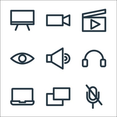 Multimedya çizgi simgeleri. Doğrusal küme. Kaliteli vektör dizisi: sessiz, kopya, laptop, kulaklık, ses, göz, oyun, video kamera