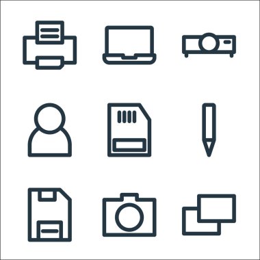 Multimedya çizgi simgeleri. Doğrusal küme. Kopya, kamera, kaydetme, kalem, koç, kullanıcı, video projektörü, dizüstü bilgisayar gibi kalite vektör dizisi