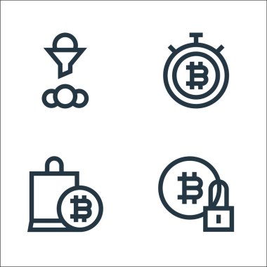 Kripto para birimi çizgisi simgeleri. Doğrusal küme. Kripto para birimi, alışveriş torbası, bitcoin gibi kalite vektör satırı