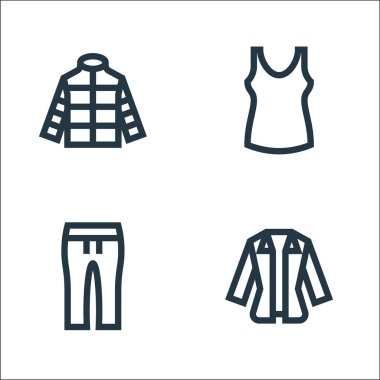 Çamaşır çizgisi simgeleri. Doğrusal küme. Gömlek, pantolon, singlet gibi kalite vektör çizgisi