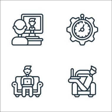 Ofis çizgisi simgeleri. Doğrusal küme. Serbest çalışan, çalışan, zaman yönetimi gibi kalite vektör çizgisi kümesi