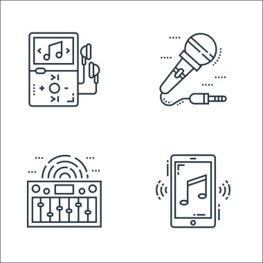 Teknoloji cihazları çizgi simgeleri. Doğrusal küme. Müzik çalar, müzik eşitleyici, mikrofon gibi kalite vektör çizgisi