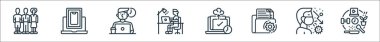 ev çizgisi simgeleri. Doğrusal küme. Hobiler, iletim, belge, sorumluluk, evde kalma, serbest çalışma, aygıtlar gibi kalite vektör çizgisi kümesi