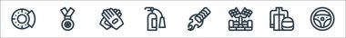 Otomatik yarış çizgisi simgeleri. Doğrusal küme. Direksiyon, koruyucu dişli, yarış arabası, hızlandırıcı, yangın söndürücü, eldiven, madalya gibi kalite vektör dizisi