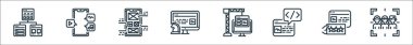 kullanıcı deneyimi çizgi simgeleri. Doğrusal küme. Hedef, geribildirim, kod, geliştirme, içerik stratejisi, düzen, multimedya gibi kalite vektör çizgisi
