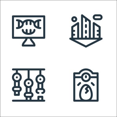 Gelecekteki çizgi simgelerinin teknolojisi. Doğrusal küme. Yumurta inkübatörü, robotik kol, şehir gibi kalite vektör çizgisi kümesi