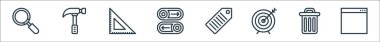 Çeşitli çizgi simgeleri var. Doğrusal küme. tarayıcı, çöp kutusu, hedef, etiket, düğme, cetvel, çekiç gibi kalite vektör çizgisi