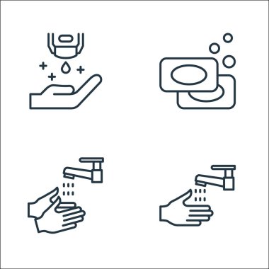 El yıkama çizgisi simgeleri. Doğrusal küme. El yıkama, el yıkama, sabun gibi kalite vektör çizgisi