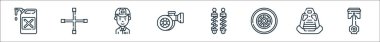 Otomatik yarış çizgisi simgeleri. Doğrusal küme. Piston, oto koltuğu, tekerlek, şok kesici, turbo, mekanik, çapraz anahtar gibi kalite vektör dizileri