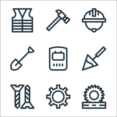 İşçi bayramı sembolleri. Doğrusal küme. dairesel testere, ayarlar, vida, kürek, kask, kürek, çekiç gibi kalite vektör çizgisi