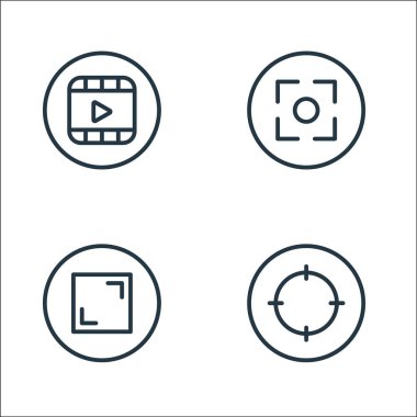 Kamera hattı simgeleri. Doğrusal küme. Hedef, tam ekran, kamera gibi kalite vektör çizgisi