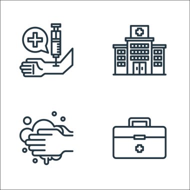 Virüs çizgisi simgeleri. Doğrusal küme. İlk yardım, çamaşır yıkama, hastane gibi kalite vektör çizgisi
